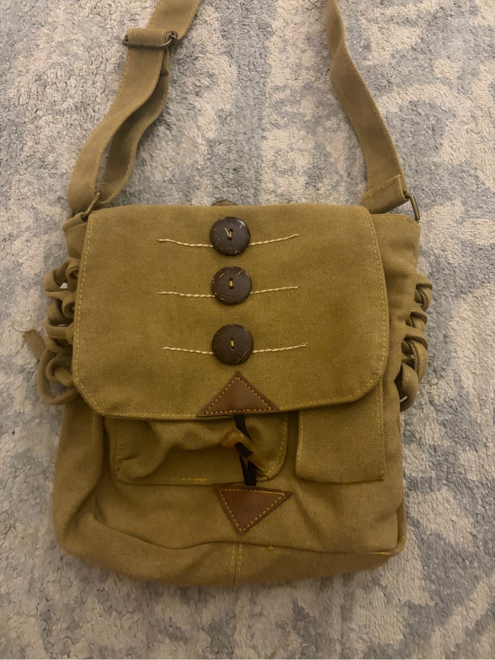 Casual Tan Canvas Messenger Bag with Button Accents
